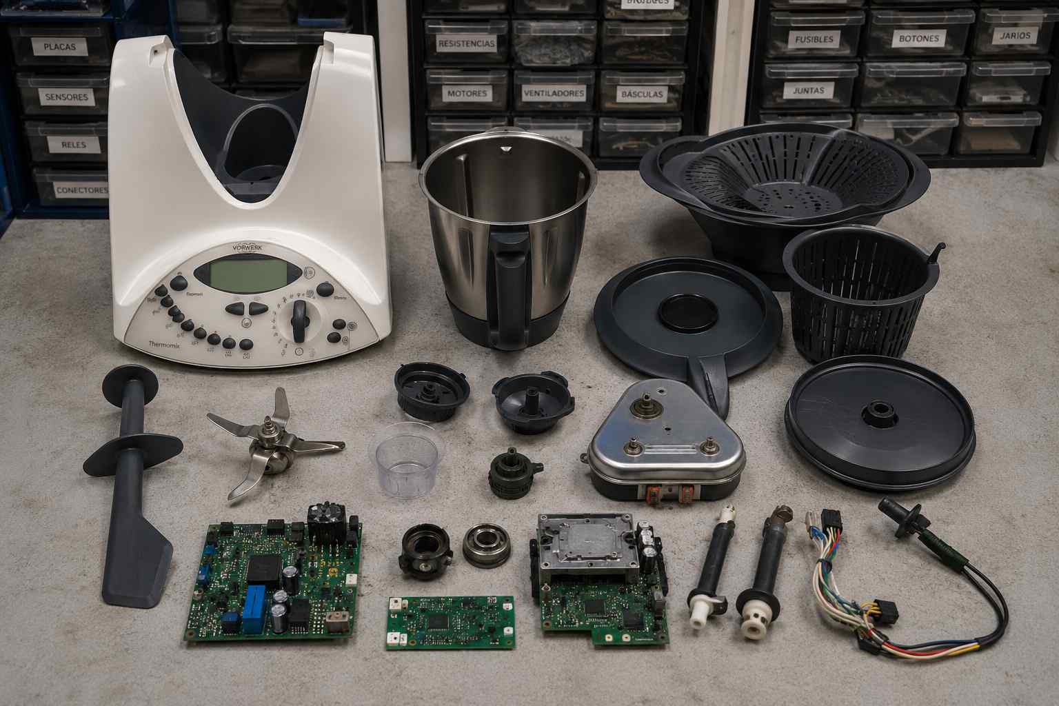 Repuestos Thermomix organizados en mesa de taller de Sator Electrónica