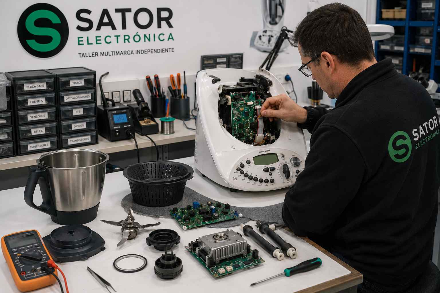 Taller Sator Electrónica reparando Thermomix y revisando repuestos